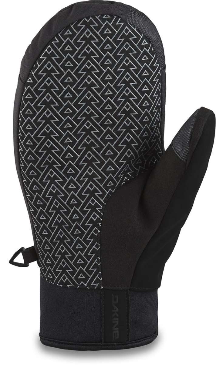Dakine Impreza GORE-TEX Mittens - Mittens are black with a geometric pattern of white lines and triangles on top, solid black palm side.