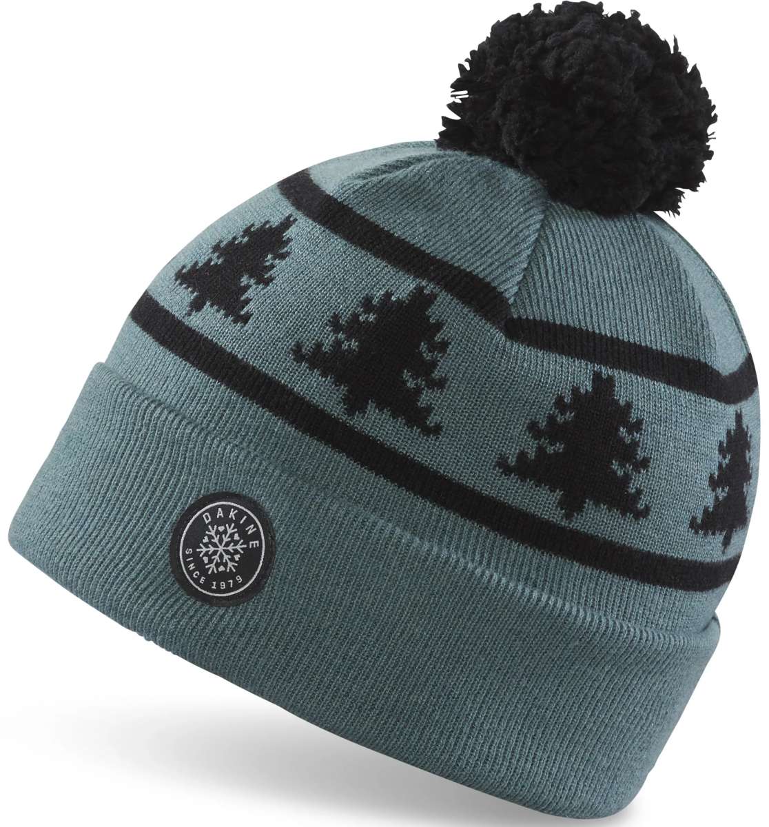 Dakine Jack Pine Merino Beanie 2024 - A light blue beanie with a black pine tree pattern and a black pom-pom on top.