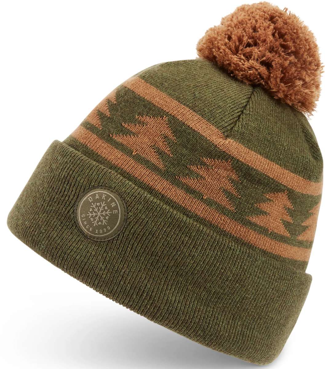 Dakine Jack Pine Merino Beanie 2024 - A green beanie with a brown pattern and a brown pom-pom on top.