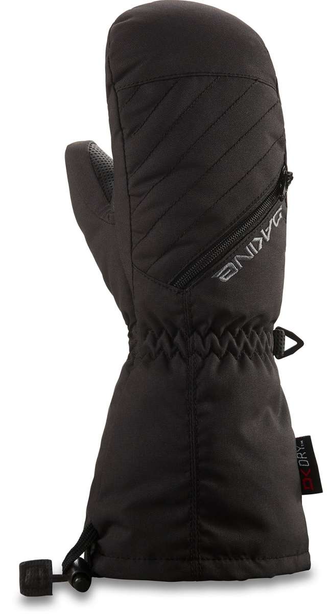 Dakine Kids Tracker Mitt 2022-2023 - A black mitt with a diagonal striped pattern on the back of the hand and thumb, featuring a zippered pocket on the top side.