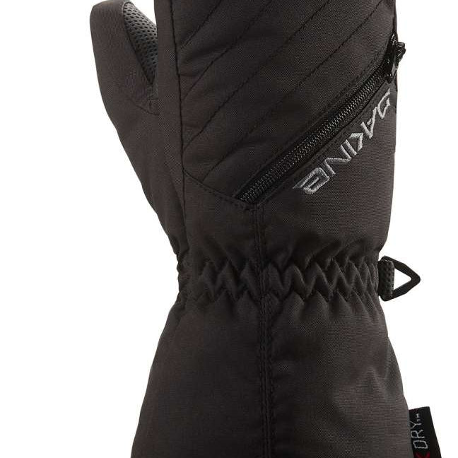 Dakine Kids Tracker Mitt 2022-2023 - A black mitt with a diagonal striped pattern on the back of the hand and thumb, featuring a zippered pocket on the top side.
