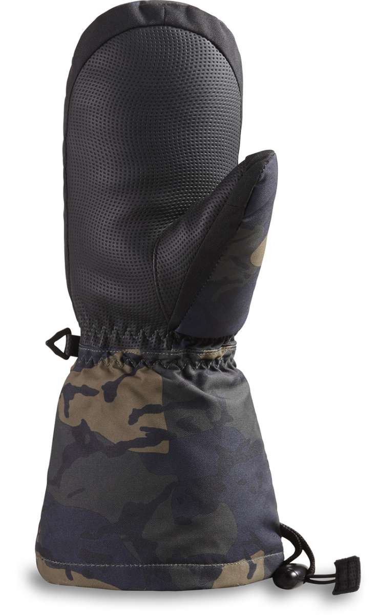 Dakine Kids Yukon Mitt 2022-2023 - A black and gray mitt with a camouflage pattern on the palm side, featuring a drawstring at the wrist.