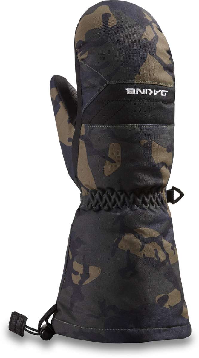 Dakine Kids Yukon Mitt 2022-2023 - A black and gray camouflage mitt with a strap closure on the wrist.