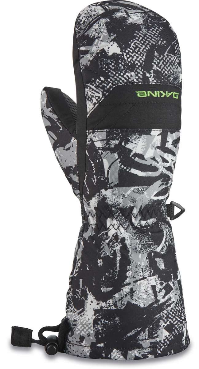 Dakine Kids Yukon Mitt 2022-2023 - A black and gray mitt with a geometric pattern, featuring a strap on the wrist.