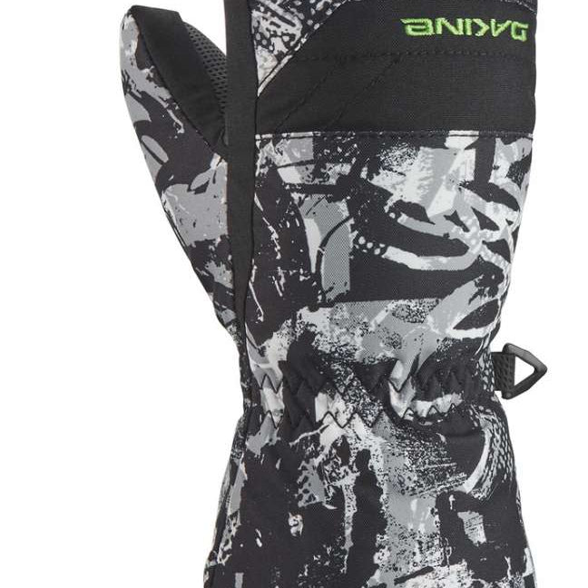 Dakine Kids Yukon Mitt 2022-2023 - A black and gray mitt with a geometric pattern, featuring a strap on the wrist.