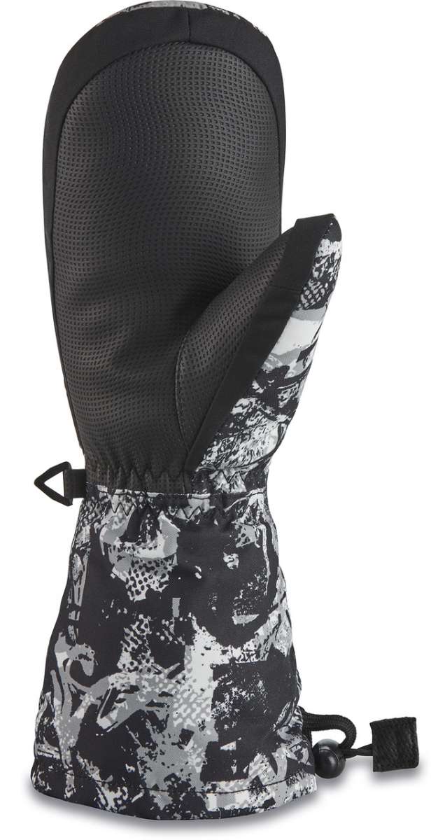 Dakine Kids Yukon Mitt 2022-2023 - A black and gray mitt with a snowflake pattern on the palm side, featuring a strap closure at the wrist.