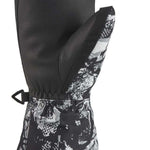 Dakine Kids Yukon Mitt 2022-2023 - A black and gray mitt with a snowflake pattern on the palm side, featuring a strap closure at the wrist.