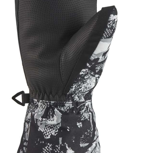 Dakine Kids Yukon Mitt 2022-2023 - A black and gray mitt with a snowflake pattern on the palm side, featuring a strap closure at the wrist.