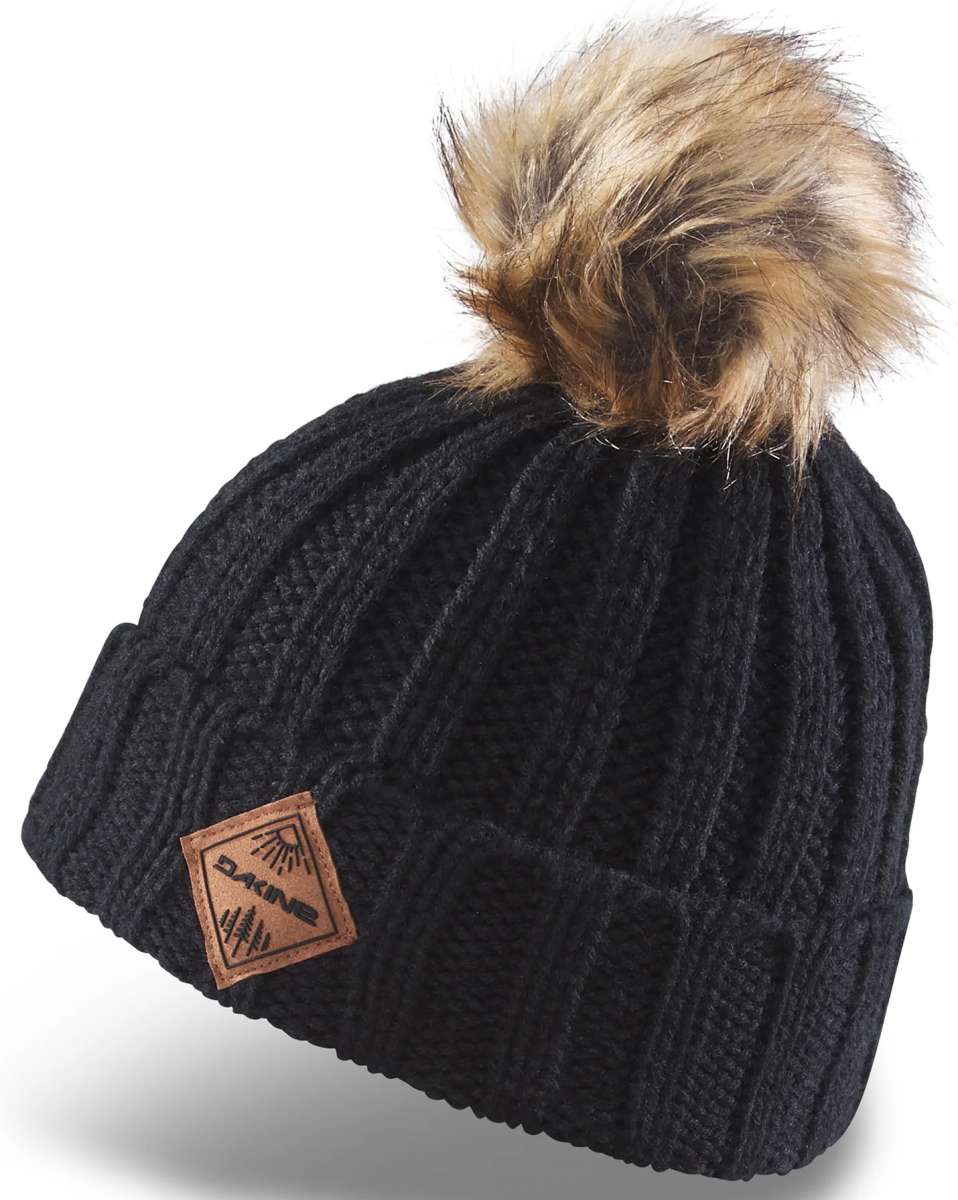 Dakine Youth Kylie Beanie 2024 - A black beanie with a tan faux fur pom-pom on top.