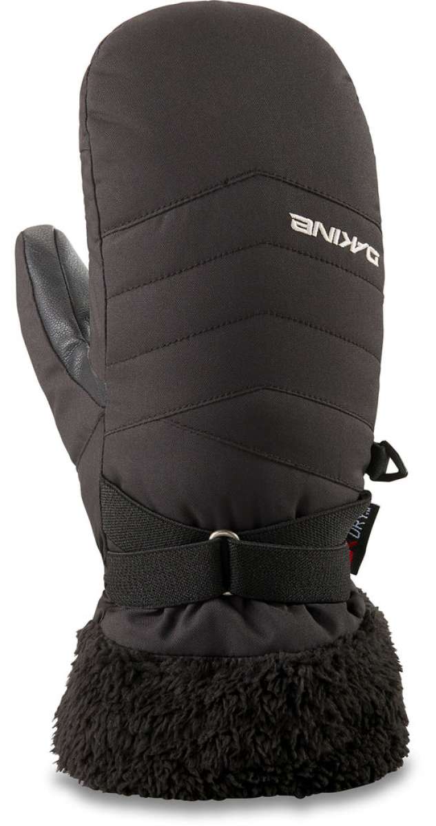 Dakine Ladies Alero Mittens - Mittens are black with a quilted pattern on top and fuzzy, dark gray trim around the wrist.