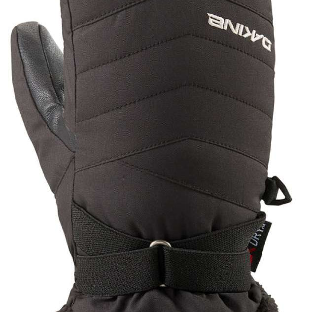 Dakine Ladies Alero Mittens - Mittens are black with a quilted pattern on top and fuzzy, dark gray trim around the wrist.