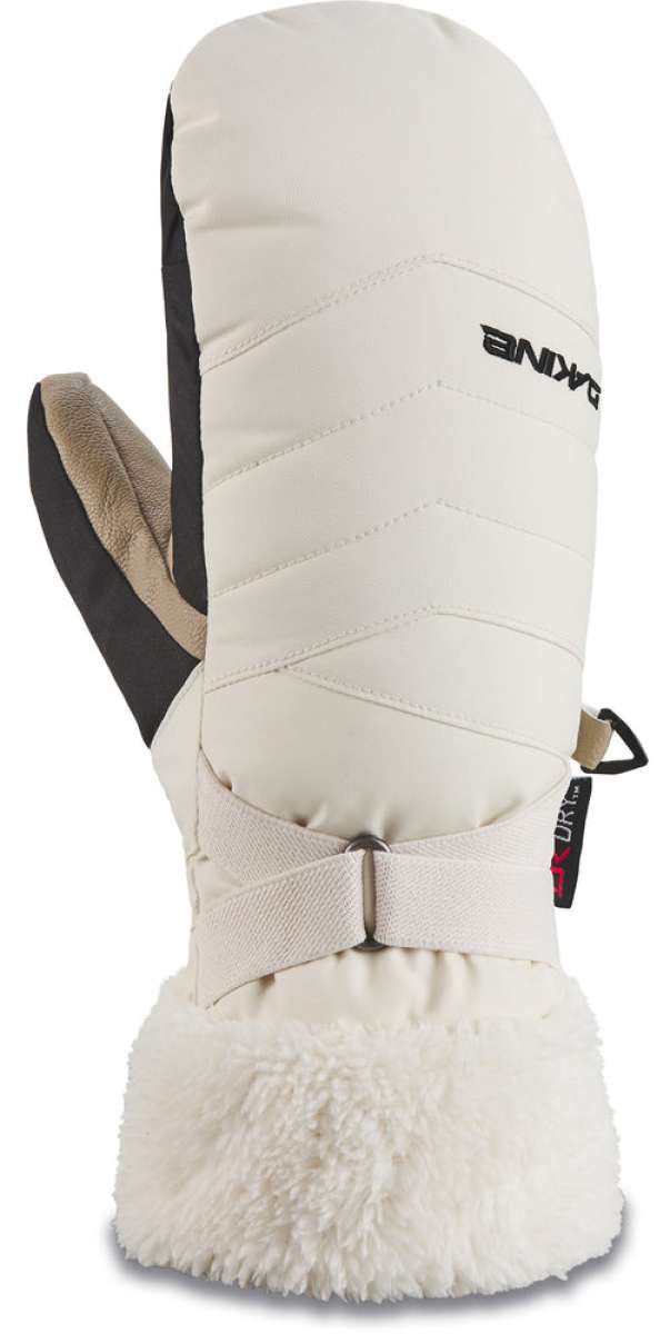 Dakine Ladies Alero Mittens - Mittens are white with a quilted pattern and a fuzzy, off-white trim around the wrist.