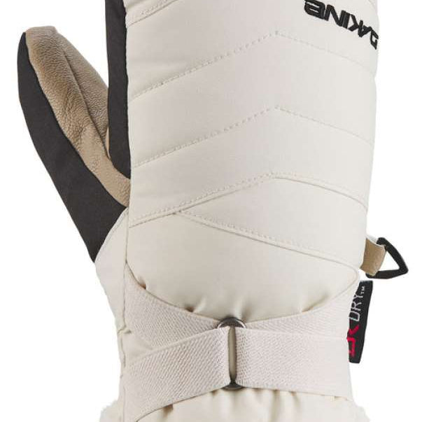 Dakine Ladies Alero Mittens - Mittens are white with a quilted pattern and a fuzzy, off-white trim around the wrist.