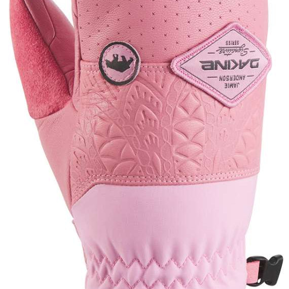 Dakine Ladies Baron GT Team Mitt 2022-2023 - A pink mitt with a textured pattern on the palm and thumb, featuring a black logo patch near the wrist.