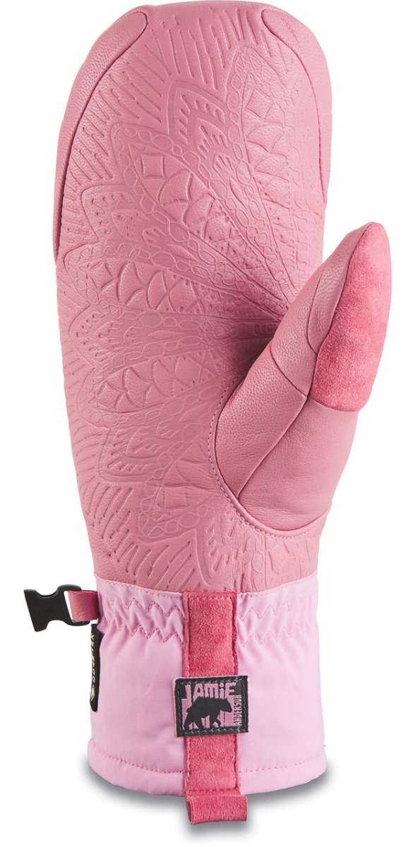 Dakine Ladies Baron GT Team Mitt 2022-2023 - A pink mitt with a textured palm and embossed floral pattern on the back, featuring a black strap with white lettering that reads "Baron" and a small logo of a bear.