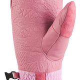 Dakine Ladies Baron GT Team Mitt 2022-2023 - A pink mitt with a textured palm and embossed floral pattern on the back, featuring a black strap with white lettering that reads "Baron" and a small logo of a bear.