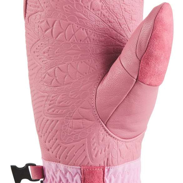 Dakine Ladies Baron GT Team Mitt 2022-2023 - A pink mitt with a textured palm and embossed floral pattern on the back, featuring a black strap with white lettering that reads "Baron" and a small logo of a bear.