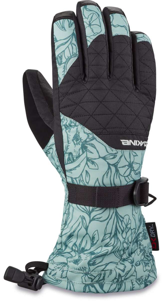 Dakine Women's Camino Leather Gloves - A pair of gloves with a quilted pattern on the palm and fingers, featuring a floral design in light blue-green color.