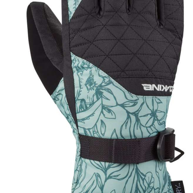 Dakine Women's Camino Leather Gloves - A pair of gloves with a quilted pattern on the palm and fingers, featuring a floral design in light blue-green color.