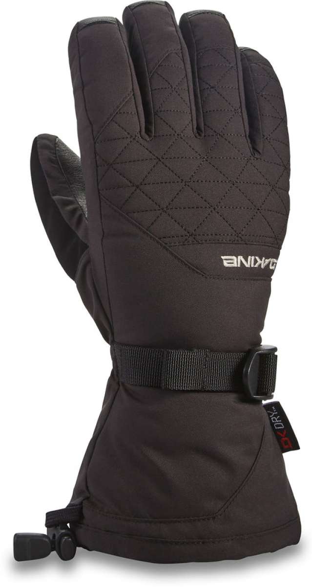 Dakine Women's Camino Leather Gloves - A pair of black leather gloves with a quilted pattern on the back and white stitching around the wrist strap.