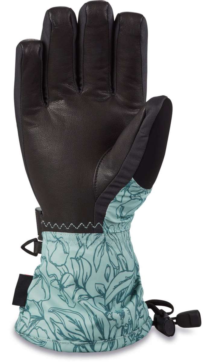 Dakine Women's Camino Leather Gloves - A pair of black leather gloves with a white stitching detail on the wrist strap.