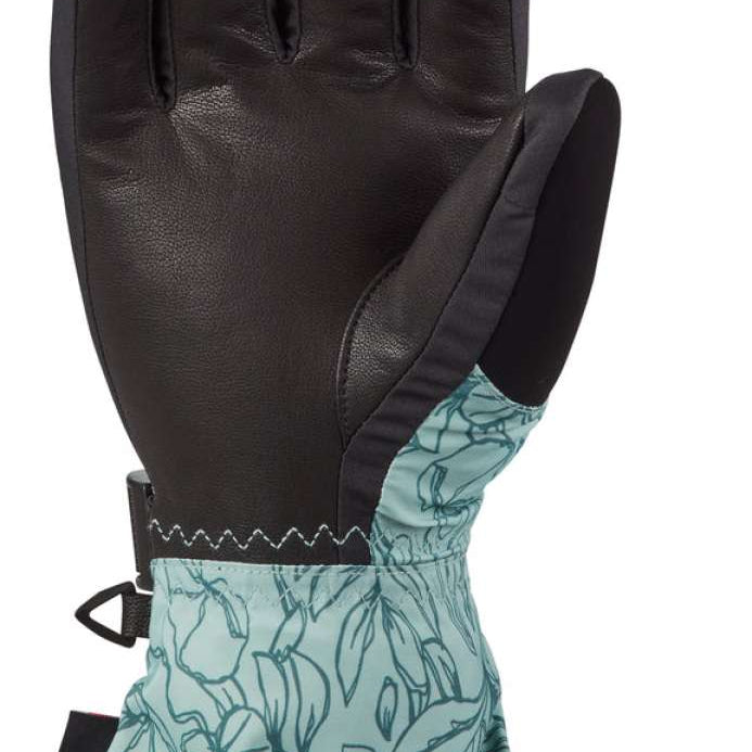 Dakine Women's Camino Leather Gloves - A pair of black leather gloves with a white stitching detail on the wrist strap.