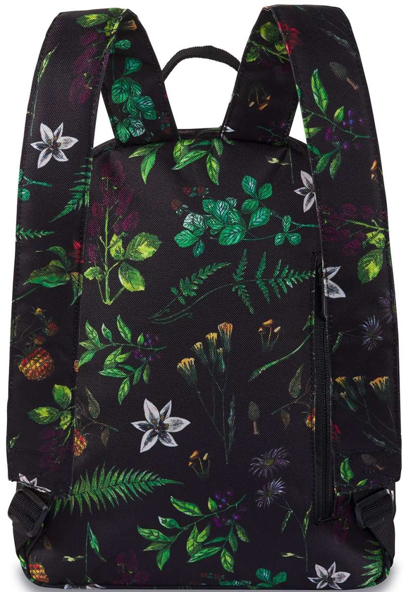 Dakine Ladies Essentials Pack 7L 2022-2023 - A black backpack with a repeating pattern of green leaves and purple flowers.