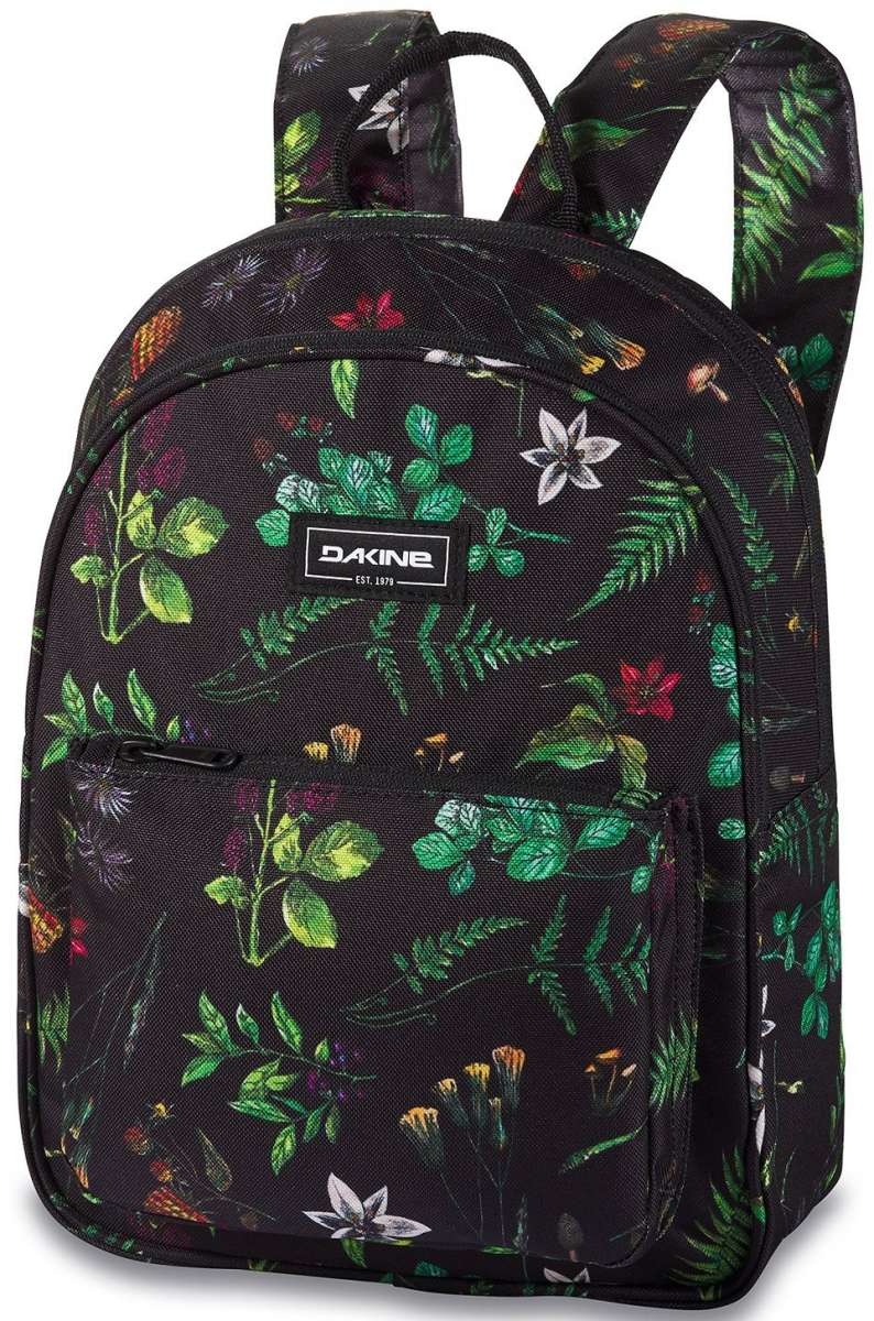 Dakine Ladies Essentials Pack 7L 2022-2023 - A black backpack with a repeating pattern of green leaves and small purple flowers.