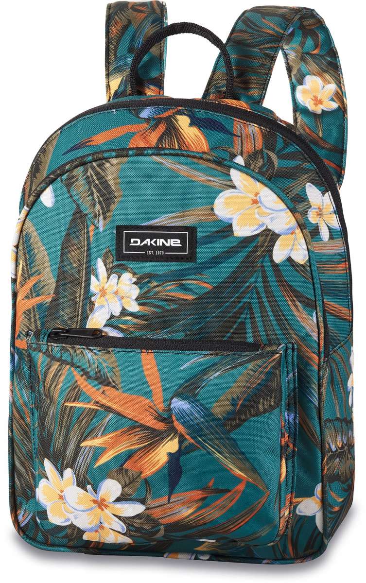 Dakine Ladies Essentials Pack 7L 2022-2023 - A teal backpack with a tropical floral pattern, featuring white and yellow flowers, green leaves, and orange accents.