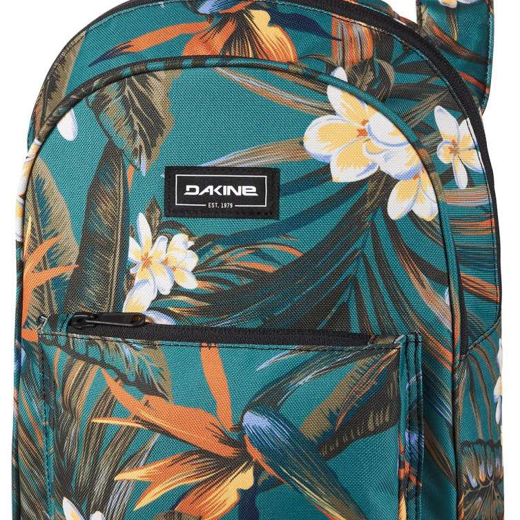 Dakine Ladies Essentials Pack 7L 2022-2023 - A teal backpack with a tropical floral pattern, featuring white and yellow flowers, green leaves, and orange accents.
