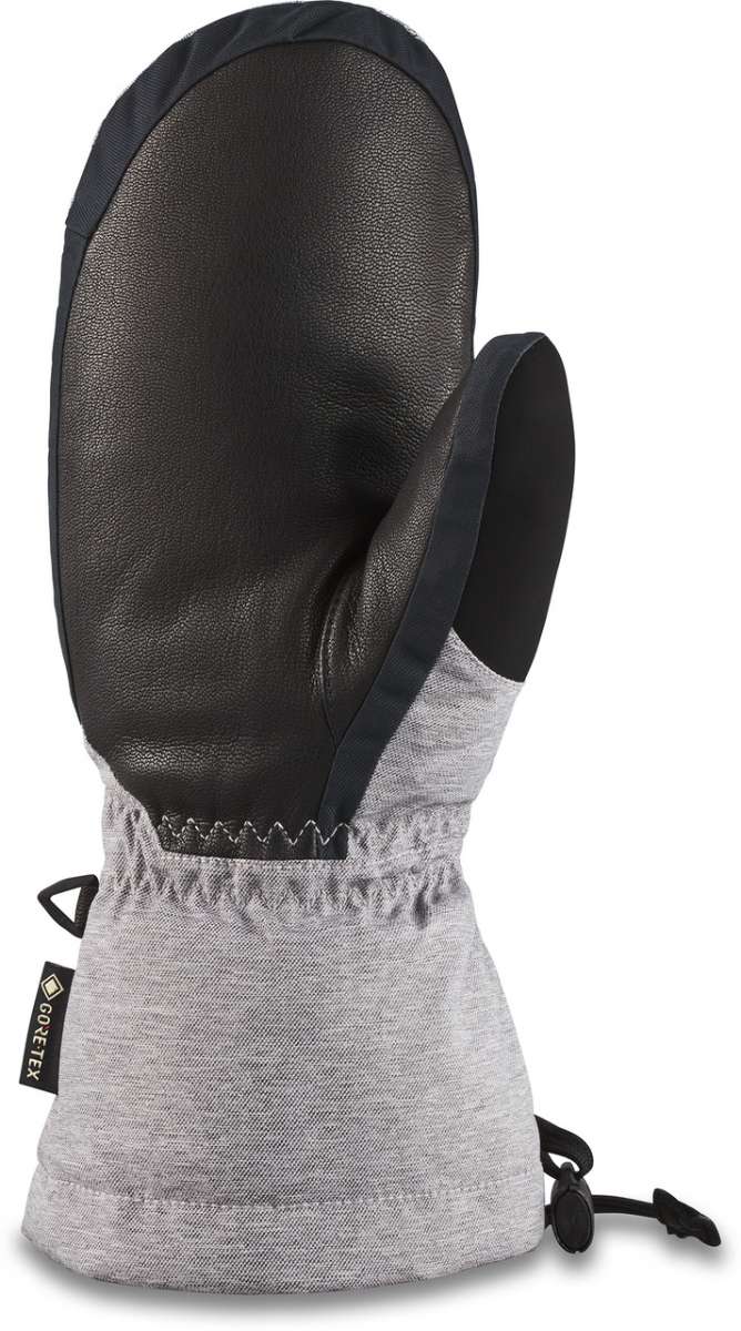 Dakine Ladies Leather Sequoia GORE-TEX Mitt - Mitt made of black leather with a gray textured fabric cuff and trim, featuring a white logo on the back.