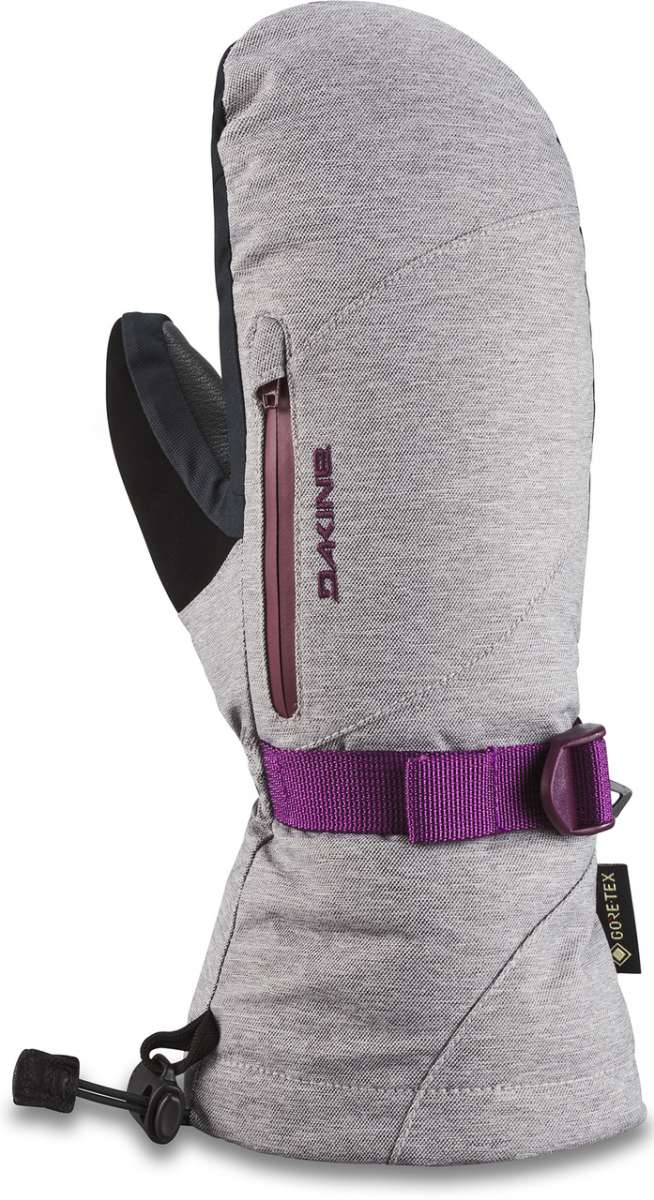 Dakine Ladies Leather Sequoia GORE-TEX Mitt - A light grey mitt with a purple strap and buckle, featuring a zippered pocket on the back.