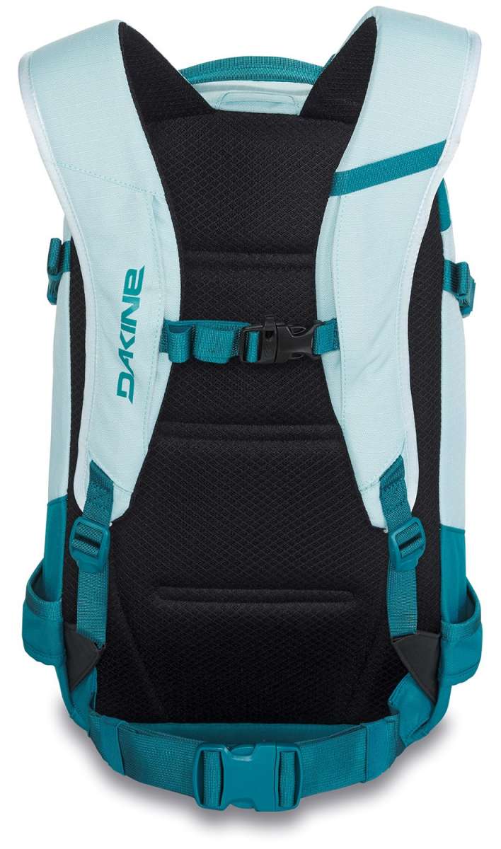 Dakine Ladies Heli Pro 20L Backpack 2024 - A white backpack with teal accents and straps, featuring a zippered front pocket and adjustable shoulder straps.