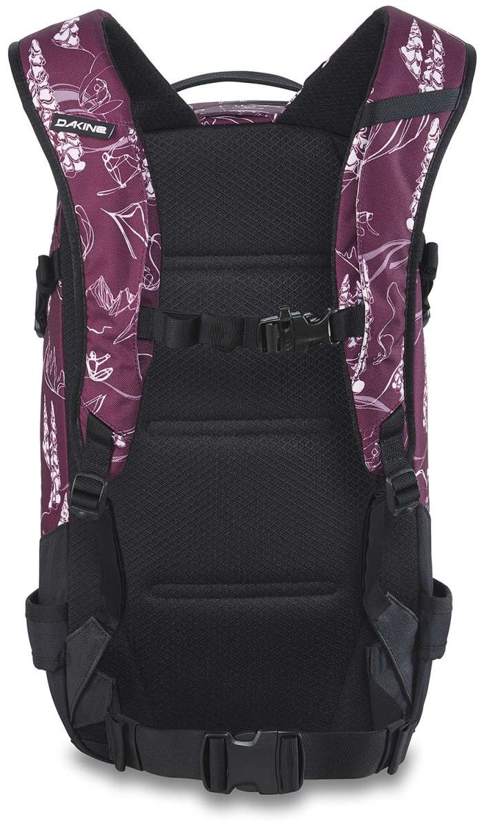 Dakine Ladies Heli Pro 20L Backpack - A purple backpack with white floral pattern and black accents, featuring a zippered front pocket and adjustable straps.