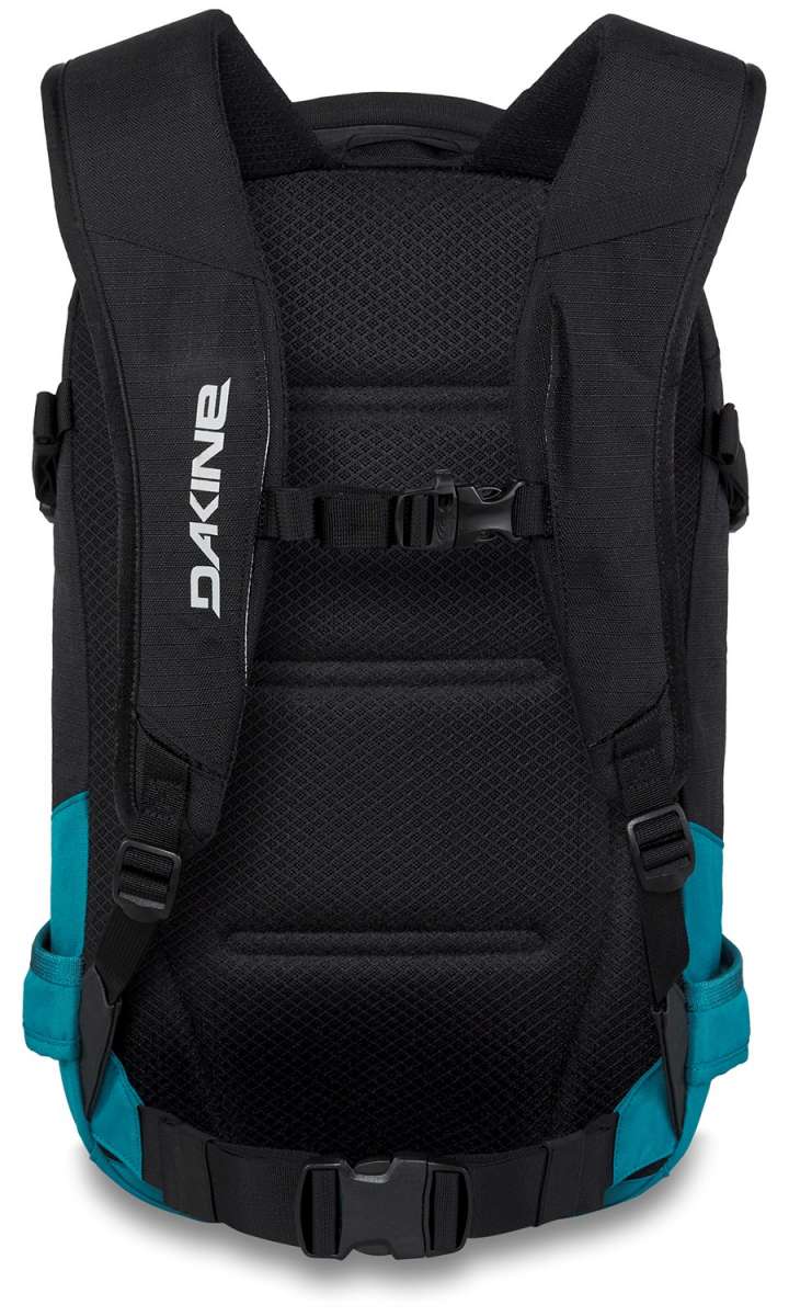 Dakine Ladies Heli Pro 20L Backpack 2024 - A black backpack with a white logo on the front and teal accents along the bottom.