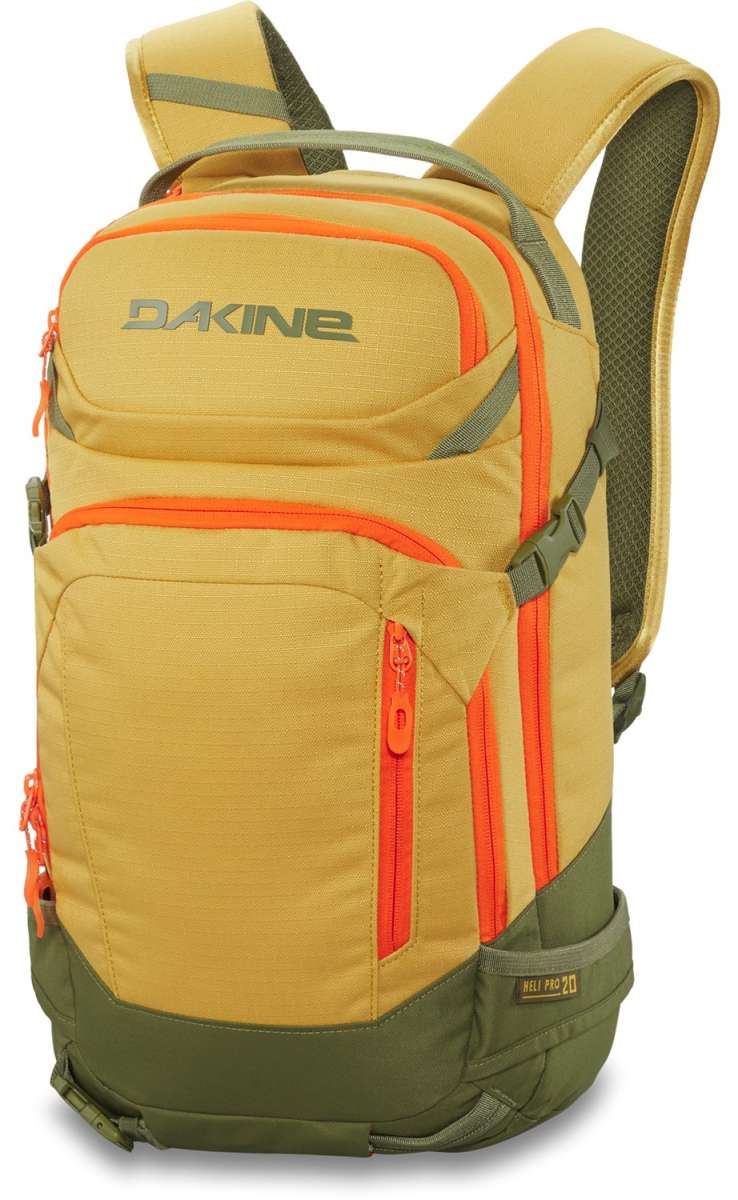 Dakine Ladies Heli Pro 20L Backpack 2024 - A tan backpack with orange zippers and accents, featuring a zippered front pocket and adjustable straps.
