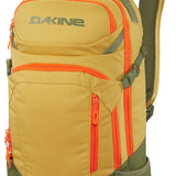 Dakine Ladies Heli Pro 20L Backpack 2024 - A tan backpack with orange zippers and accents, featuring a zippered front pocket and adjustable straps.