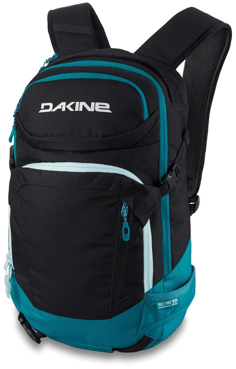 Dakine Ladies Heli Pro 20L Backpack 2024 - A black backpack with teal accents and a white logo on top.