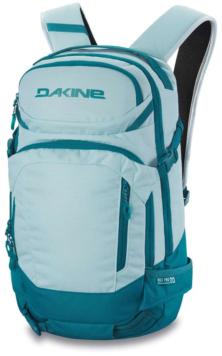 Dakine Ladies Heli Pro 20L Backpack 2024 - A light blue backpack with a zippered front pocket and two side pockets, featuring a "DAKINE" logo in teal on the top.