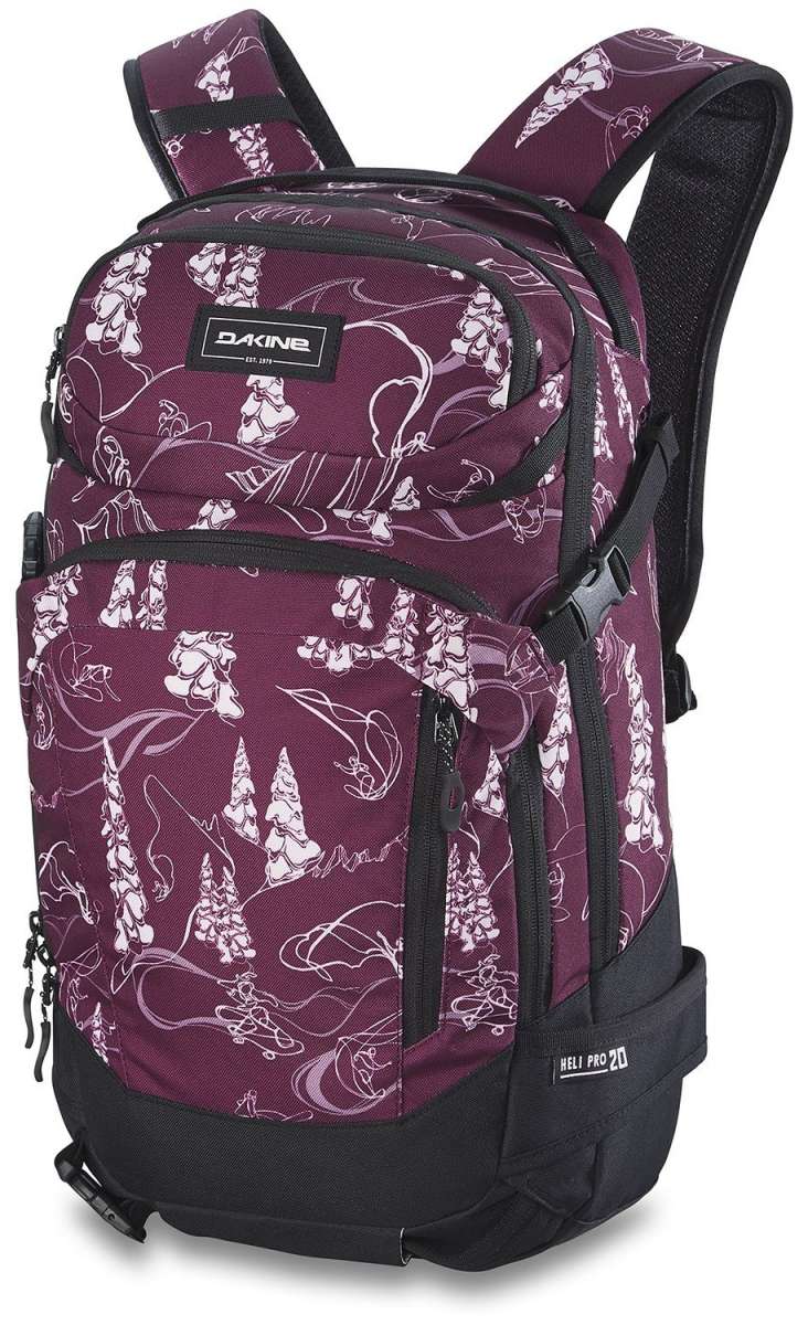 Dakine Ladies Heli Pro 20L Backpack 2024 - A purple backpack with white floral pattern and black trim, featuring a zippered front pocket and adjustable straps.