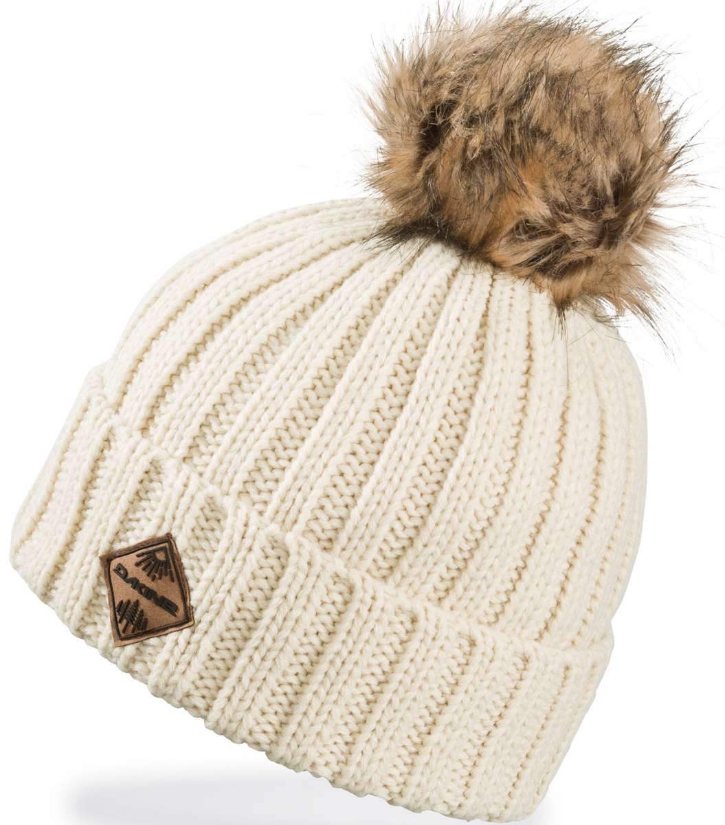 Dakine Ladies Kylie Beanie 2022-2023 - A cream-colored beanie with a brown faux fur pom-pom on top.