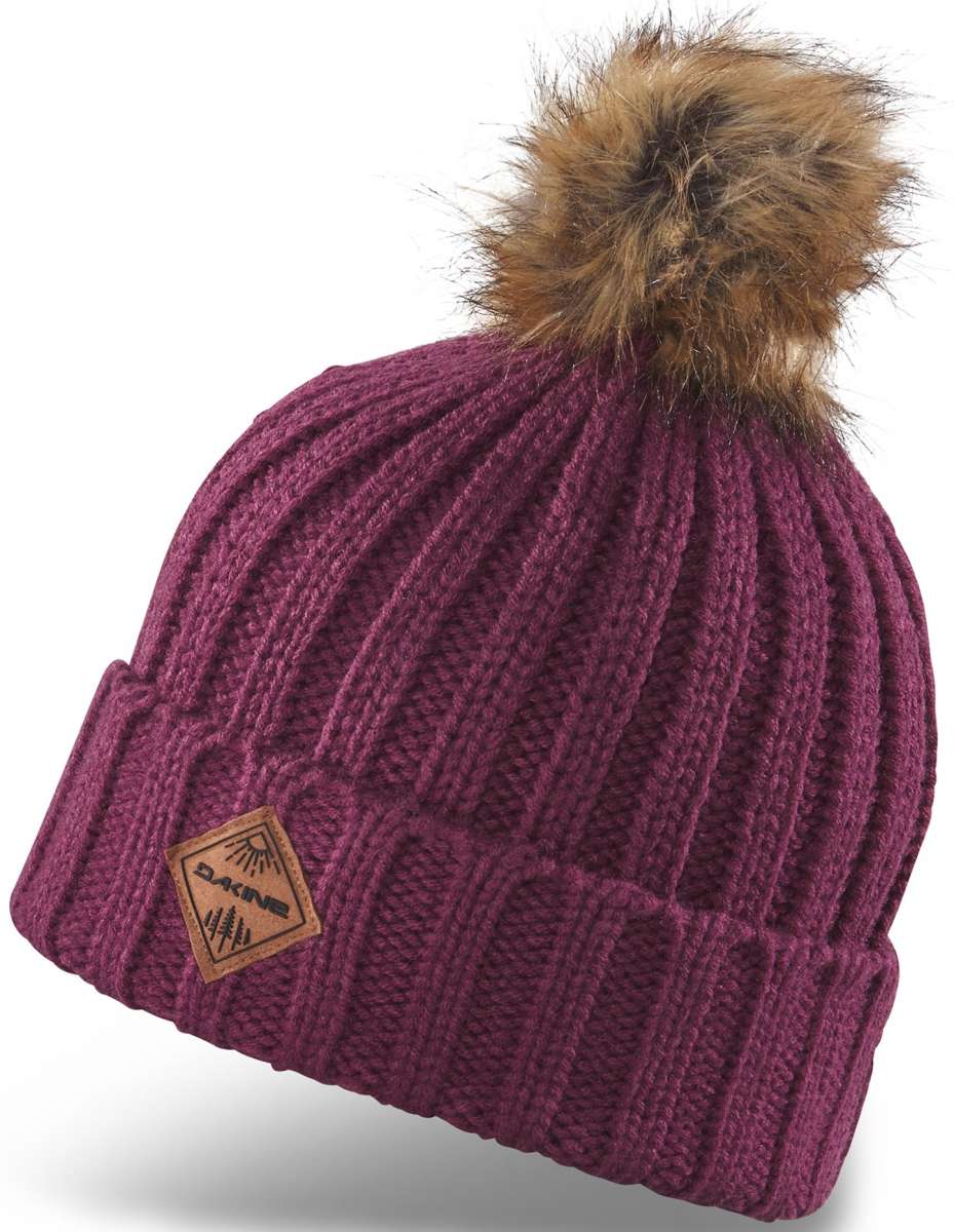 Dakine Ladies Kylie Beanie 2022-2023 - A maroon beanie with a brown faux fur pom-pom on top.