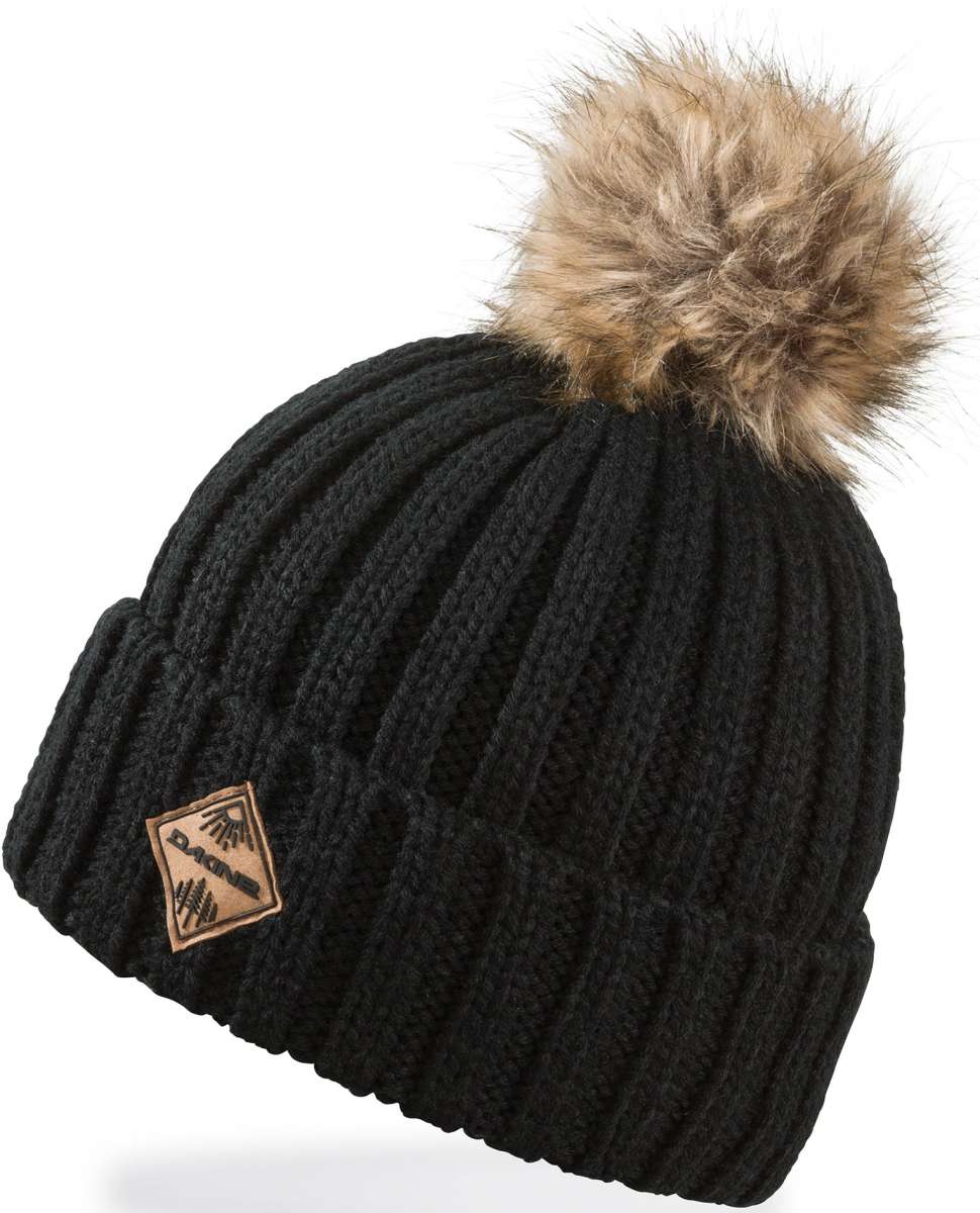 Dakine Ladies Kylie Beanie 2022-2023 - A black beanie with a brown faux fur pom-pom on top.