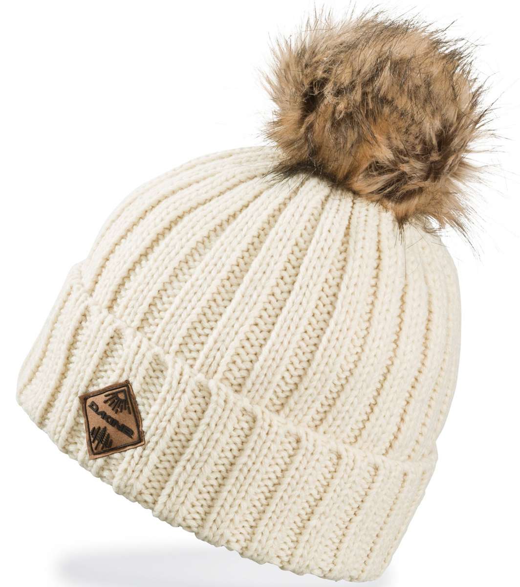 Dakine Ladies Kylie Beanie - A cream-colored beanie with a brown faux fur pom-pom on top.