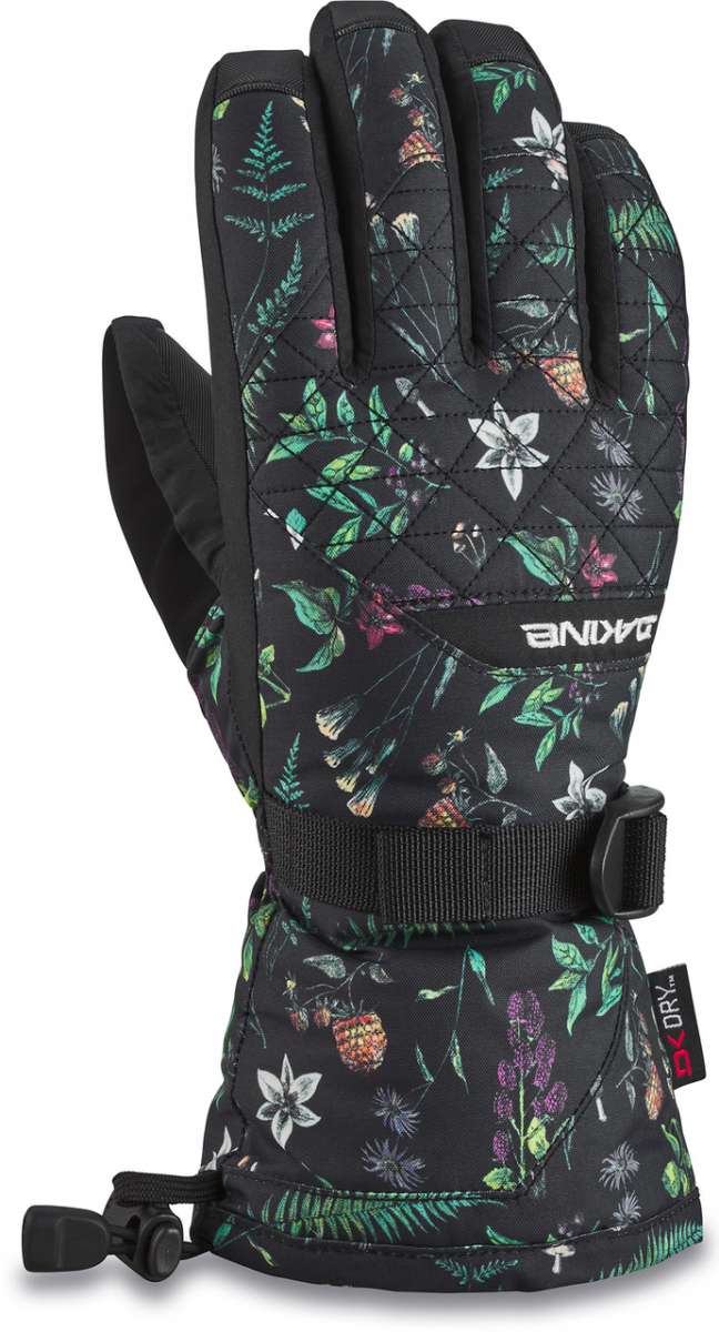 Dakine Ladies Leather Camino Glove 2022-2023 - A black glove with a floral pattern and quilted leather palm.