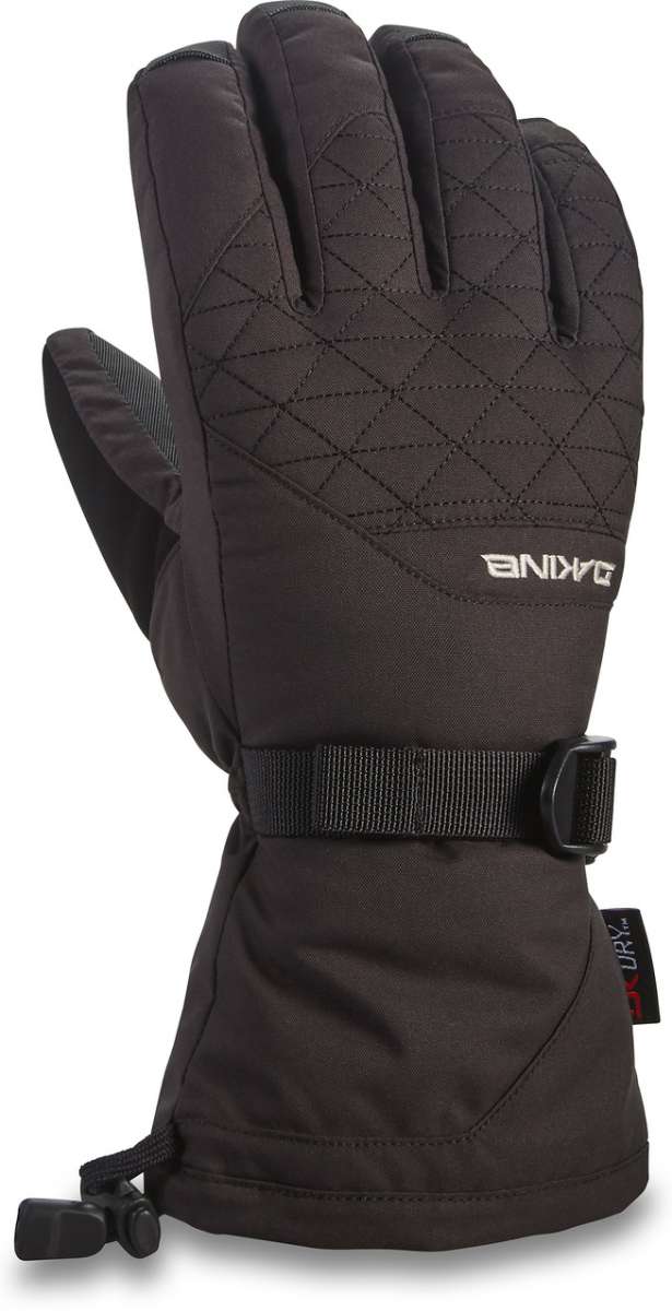Dakine Ladies Leather Camino Glove 2022-2023 - A black glove with a quilted pattern on the back of the hand and fingers, featuring a strap closure at the wrist.