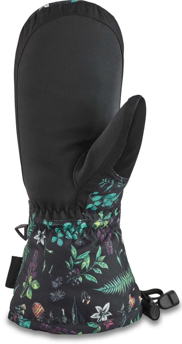 Dakine Ladies Leather Camino Mitten - A black mitten with a floral pattern on the wrist cuff and thumb strap, featuring a brown leather palm and fingers.