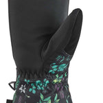 Dakine Ladies Leather Camino Mitten - A black mitten with a floral pattern on the wrist cuff and thumb strap, featuring a brown leather palm and fingers.