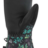 Dakine Ladies Leather Camino Mitten - A black mitten with a floral pattern on the wrist cuff and thumb strap, featuring a brown leather palm and fingers.