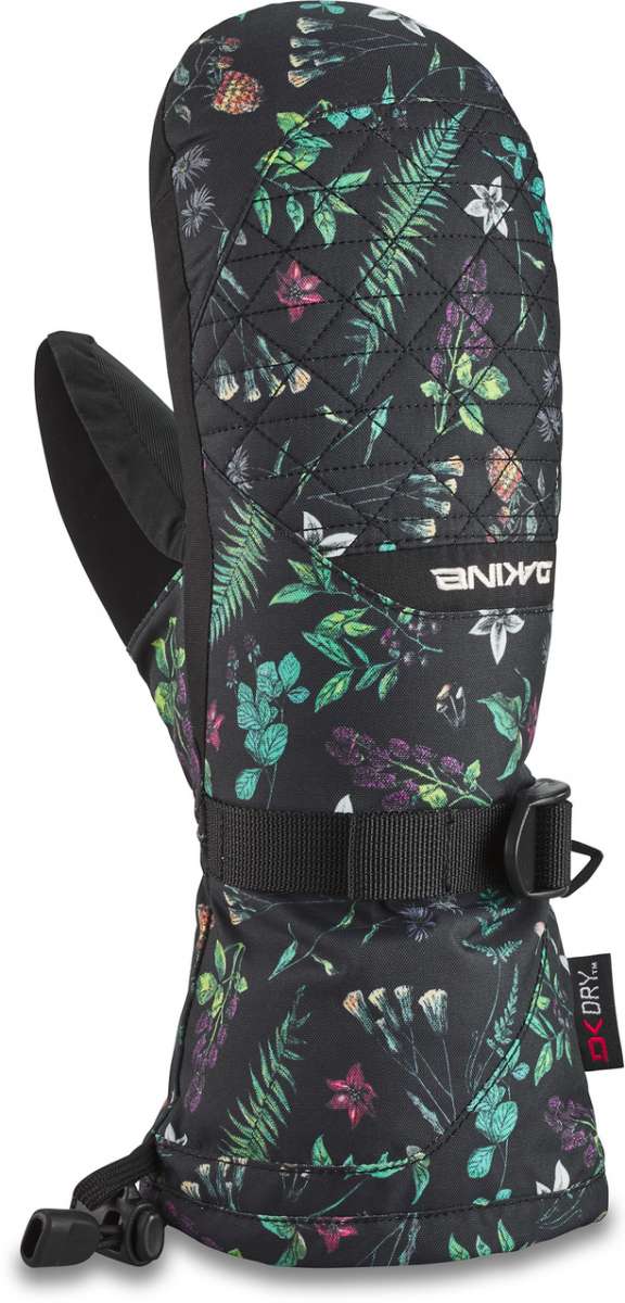 Dakine Ladies Leather Camino Mitten - Mittens are black with a floral pattern of green, purple and white flowers.